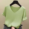 Knitted Short Sleeve Women V-Neck T Shirts Blue Loose Black hin Knit Orange ops Ladies Summer Camiseta Autumn 210623