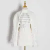Élégante Patchwork Feather Femme Jacket Turtleneck à manches longues Taille haute Sashes Pearl Casual Coat femelle 210524