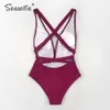 Seaselie Sexy Solid Red Głębokie Swimsuit Swimsuit Kobiety Backless Lace Up Monokini Summer Beach Strój kąpielowy Swimwear 210712