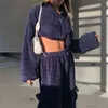 Doux Teddy Fourrure À Manches Longues Crop Tops Sweat Et Pantalon Taille Haute Femmes Deux Pièces Ensemble Furry Survêtement Tenues Femme 210415