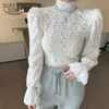 Spring Casual Women Sexy Shirt Floral Puff Sleeve Lace White Blouse Shirts Turtleneck Short Corset Top Blusas 12710 210527