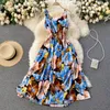 Spring Temperament Flower Print Vestige Feminine Strapless Slim Slimming Suspender Square Neck Midi Dress C699 210506