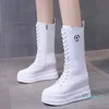 Botas Comfy Andando Moda Gótica Preto Branco Cadarços Branco Zipper Altura Aumentar Plataforma Mulher Sapatos de Inverno Joelho Alto Botas