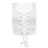 Uitgehold Lace Up Ribbing Tshirt voor Vrouw Casual Pure High Streetwear Sexy Low-Cut Bodycon Crop Top 210518