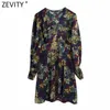 Spring Women Sweet V Neck Blommig Print En Linje Mini Dress Ladies Platser Puff Sleeve Casual Slim Kimono Vestido DS4860 210416