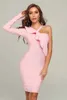 الشتاء النساء مثير الكشكشة الوردي ضمادة اللباس السيدات مصمم أنيقة bodycon حزب vestido 210527