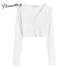 Yitimuceng White Tshirts for Women Fashion Girl Open Stitch Sexy Tops Summer Slim Bustier V-neck Streetwear Long Sleeve Clothing 210601