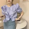 Blå O Neck Puff Sleeve Blus Kvinnor Koreansk Chic Casual Enkel Blusas Mujer de Moda Sommar Ruffles Vit Toppar Sweet Slim Wild 210429