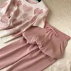 Koreanische Perlen 2 Stücke Liebe Gedruckt Gestrickte Sweets Frauen Kurzarm Perlen Pullover Weibliche Tops + Hosen Anzug Rosa Lässige Trainingsanzug Y0625