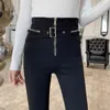 Slim-Fit Streç Pantolon Sonbahar Kemer Yıkama Fermuar Yüksek Bel Sıkı Tayt kadın Katı Siyah Vintage Ince 81j 210420