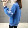 Koreanische Faux Nerz Kaschmir Pullover V-Ausschnitt Stickerei Lange Laterne Ärmel Reißverschluss Strickjacken Herbst Winter Mode Mäntel 210422