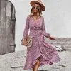 Casual Dresses 2021 Höst Vinter Långärmad Kvinnor Blommig Klänning Deep V Neckounced Edge Ladies Swing Ruffles Asymmetrisk Midi