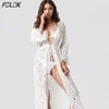 Lace Pareo Women Sexy Beach Dress Swimsuit Bikini Cover Up Long Sleeve Tunic Robe De Plage Swim Pool Clothes Women's Swimwear