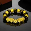 Женщины Men Real Gold Plated Black Budda Beads Браслет Lucky Money Feng Shui Pixiu Mani Mantra Black Obsidian Браслет богатства