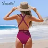 Seaselie Sexy Solid Red Głębokie Swimsuit Swimsuit Kobiety Backless Lace Up Monokini Summer Beach Strój kąpielowy Swimwear 210712