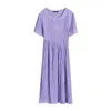 French style summer O Neck Solid color Dress Short sleeve purple Female dress for women plus size 210507