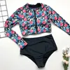 Swimsuit de cintura alta mangas compridas Swimwear mulheres floral impressão 2021 natação terno zíper triângulo biquíni bearing beachwear mulheres