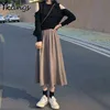 Женская плиссированная юбка из линейки элегантный осень весенний сплошной цвет высокой талией теплый длинный S корейский хараджуку женский черный 210421