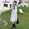 Moda da Primavera Japão JK Mulheres Dress Sailor Collar Button Up Long White Sleeve Bow Império Plus Size Senhoras Robe 210521