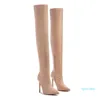 Botas Mujer Muslo Alto Pu Tacones De Cuero Zapatos De Mujer Otoño Invierno Punta estrecha Stiletto Mujer Sobre La Rodilla Larga