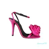 Women's open-toed Leather Sandals, Stiletto silk face rose flower high heels, Size:35-40,Fuchsia
