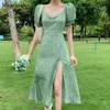 Fransız Bölünmüş Seksi Çiçek Bohemia Elbise Kadın Yaz Kare Yaka Baskılı Ed Kadın Zarif Plaj Boho Uzun 14548 210512