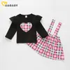 6M-4Yバレンタインデーの幼児ベビー幼児子供女の子服セットRuffels Heart Tシャツピンク色の格子縞のスカート衣装210515