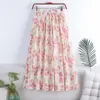 Summer Vintage Floral Print Pleated Women's Long Skirt Chiffon High Waist Loose Female Umbrella A-Line Skirts 210428