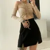 Ezgaga t shirt kobiety casual o-neck z długim rękawem Off Ramię Regulowany sznurek Solid Sexy Y2K Top Elegant Khaki Office Lady 210430