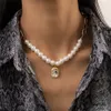 Vintage Imitation Pearls Chains Necklace 2021 Geometric Rhinestone Crystal Pendant Choker Necklaces Women Boho Jewelry