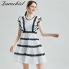 Modedesigner Sommer Schmetterlingshülse Spitzenbesatz Süße Frauen Elegante Linie Druck Rüschen Aushöhlen Vintage Minikleid 210416