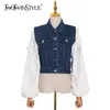 Twotwinstyle casual denim patchwork jacka för kvinnlig lapel långärmad kort casual jackor kvinnlig mode kläder höst 210517