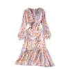 봄 기질 패션 Vestidos 여성 V 넥 퍼프 슬리브 슬림 피트 인쇄 불규칙한 ruffled fishtail midi dress gk341 210507