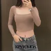 Kadınlar Chic Moda Donatılmış Kırpılmış Örme Tişört Kare Yaka Uzun Kollu Kadın Mujer 210420 Tops