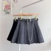 Korean Ulzzang Short Pleated Skirt Women Harajuku High Waist Mini s Chain Belt A-Line Streetwear School Vintage 210421