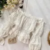 Femmes Slash Cou Sexy Court Crop Tops Lady Long Flare Manches Blanc Élégant Blouse Harajuku Chemises J100 210527