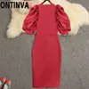 Kadın Yumuşak Slim Fit Turuncu Kırmızı Bodycon Kılıf Midi Uzunluğu Zarif Elbise Fener Kol Artı Boyutu Parti Elbiseler S XL 210527