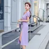 Fioletowy Maxi Dress for Wome Letni Z Krótkim Rękawem V Neck Sexy Ladies Office Split Długie sukienki 210602