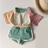 Verão Japonês e Coreano Stitching Color Top + Shorts Terno Conjunto de roupas Girl Sets 210528