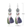 Pendiente de borla de pluma larga, pendientes colgantes tallados redondos coloridos turquesa de verano bohemio para mujer, joyería étnica Vintage