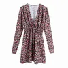 Vintage Women Floral Print Dresses Höst Mode Ladies Elastisk Midja A-Line Causal Kvinna Elegant V-Neck Mini 210427