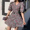 Floral Dresses Famale Korean Style Summer Short Sleeve V-neck High Waist Bubble Dress YJ545 210526