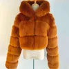 Fashion Women Environmental Red Fur Coat With Hood Thick Warm Full Pelt Jacket Short Winter Plus Size Woman 211220