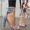 2021 Chunky Heel Sandals Sexy Denim Open Toe Clear Band Heel Block Heel DrSandals New Arrival Zapatos De Mujer Heels for Women X0526