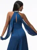 2021 Women Unique Navy Blue Dress Fashionable Beading Key-hole Satin Evening Dresses Chiffon Jumpsuits Gala Gowns Open Sleeves Long