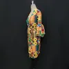 Robe africaine femmes col en V manches bouffantes moulante longueur au genou Robes automne mode robes imprimées grande taille avec ceinture 210527