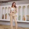 Causal Khaki Outono Inverno Mulheres Conjuntos de Escritório Senhora Two-Parte Stripe Long Calças Elegante Tailored Colar Conjunto Conjunto 210414