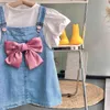 Toddler Baby Girls Clothes Set Casual Big Bow Suspender Skirt Puff Sleeve Top 2 pcs Summer Outfit 210508