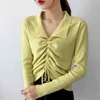 Top donna stile coreano autunno inverno slim-fit scollo a V manica lunga maglia pullover tinta unita con lacci 200G 210420