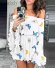Женщины Slash Sece Print Off Flog Bell Рукава Диза Дизайн платье Y0726